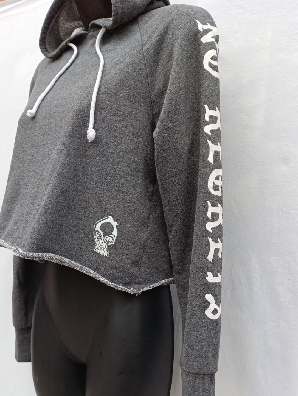 Streetwear Society Upcycled Dark Gray Cropped Hoodie w Glitter Skulls And Text